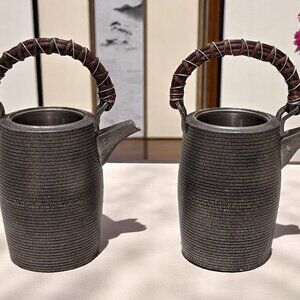 Craft Sake Pots Decanter Japanese Metalwork Vine Handle Vase Vintage - Set of 2